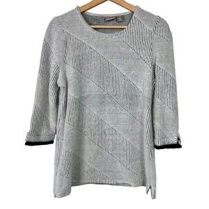 Chico's Diagonal Stripe White Black Fuzzy Soft 3/4 Sleeve Sweater Size 1-Medium
